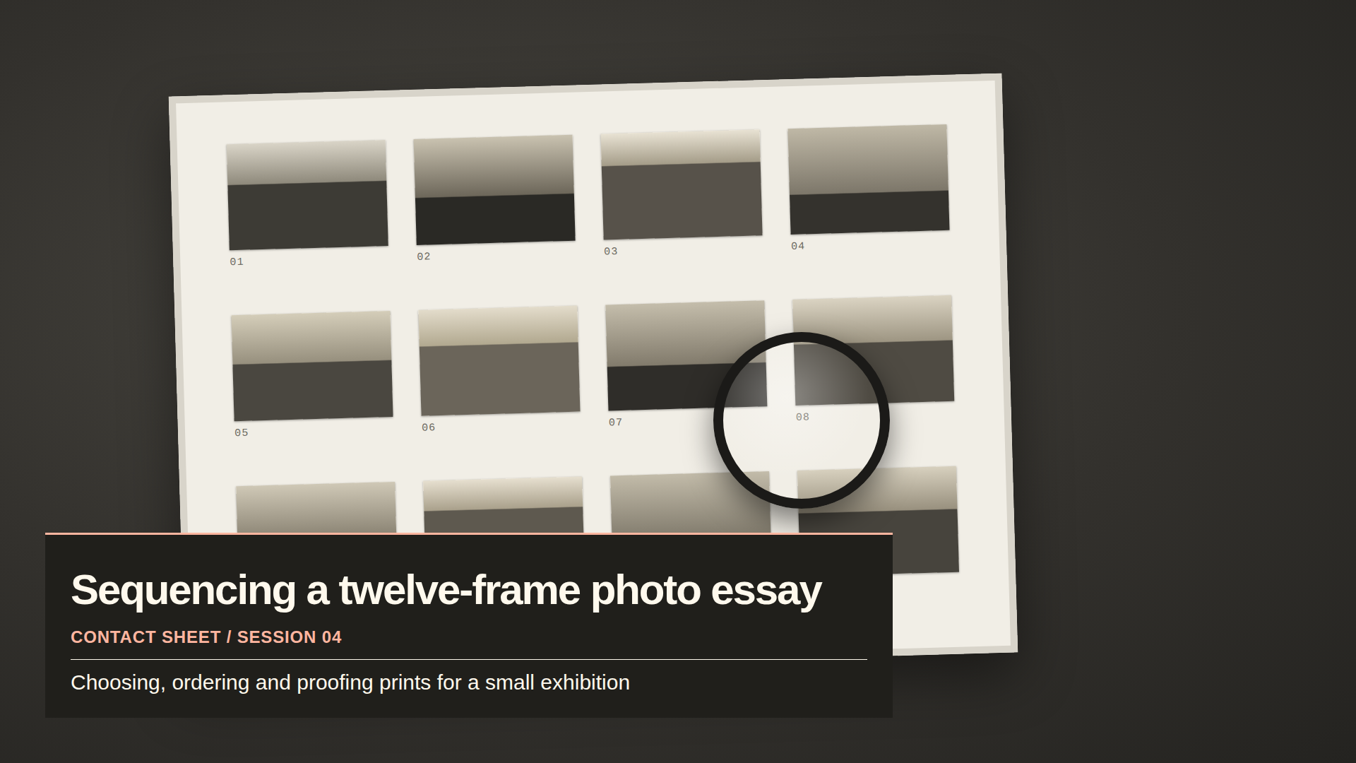 The lower third over a stand-in scene: a dark topic panel near the lower left, titled Sequencing a twelve-frame photo essay.